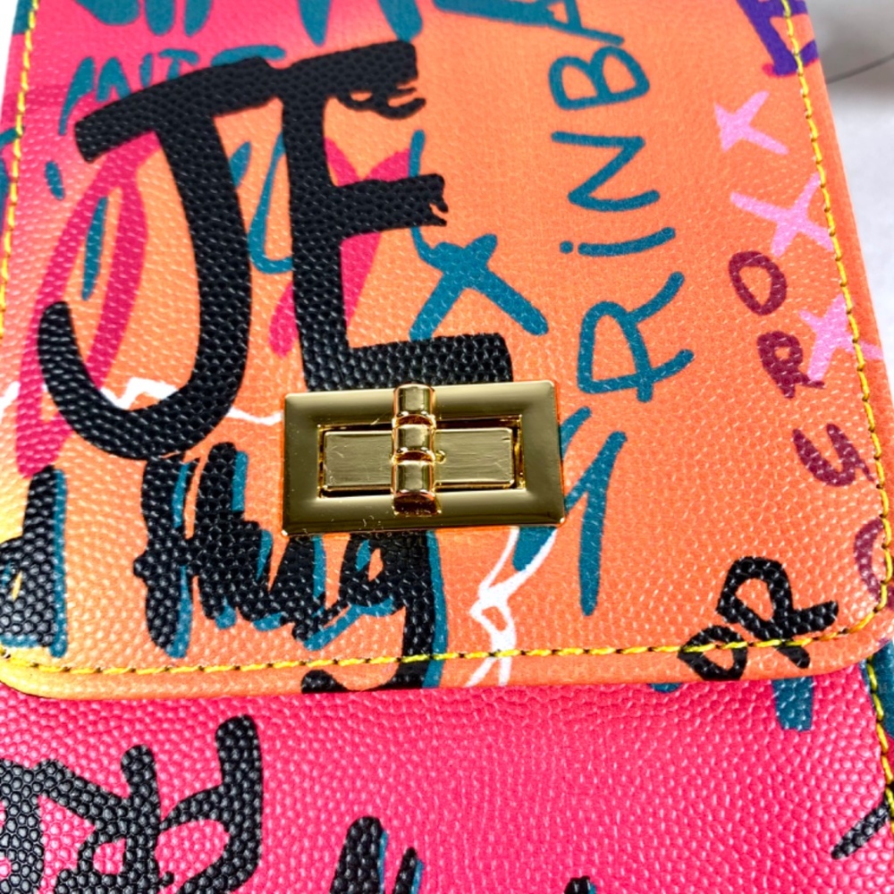 Hello 3AM graffiti streetwear gold tone chain pink blue orange black crossbody - Picture 4 of 16
